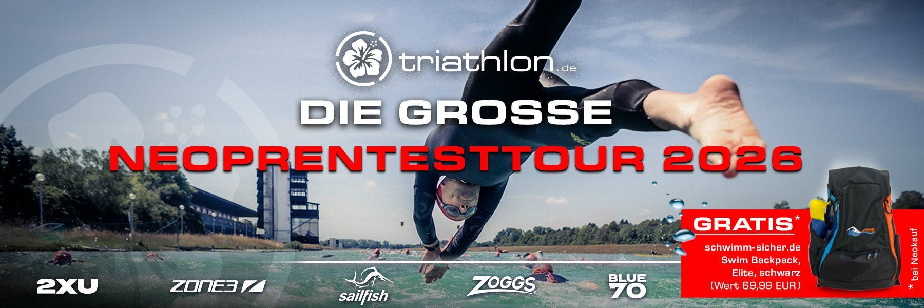 Banner Neotest 2026 Schwimmer springt ins Wasser