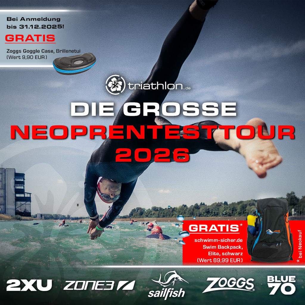 Banner Neotestschwimmen 2026 Schwimmer im Startsprung, Rucksack Brillenetui gratis