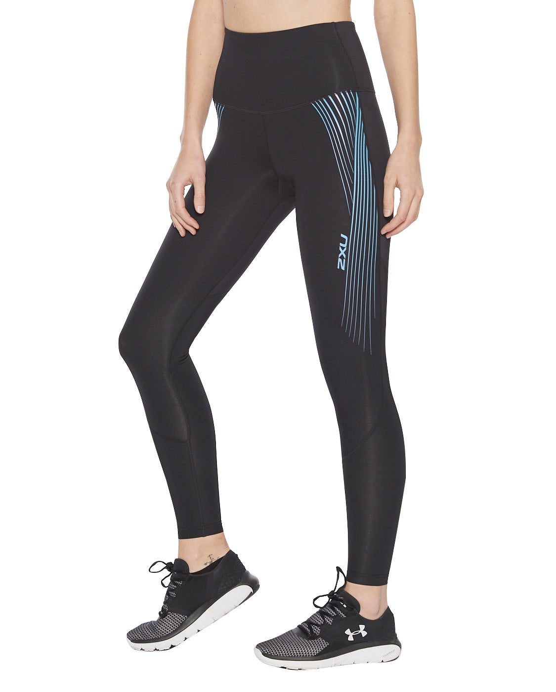 2XU Hi - Rise Compression Tights, Damen, Black/Teal Chrom Lines