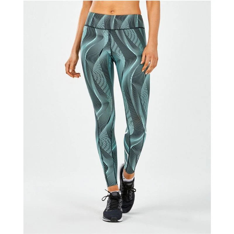 2XU Print Mid-Rise Comp Tights, Damen, Laufhose, Aruba Blue Camo/White