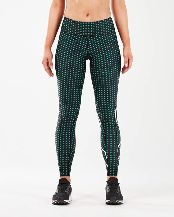 2XU Print Mid-Rise Comp Tights, Damen, Laufhose, Green Cuboid /White
