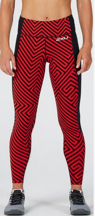 2XU Pattern Fitness Compression Tights, Damen, Red Lines/Black