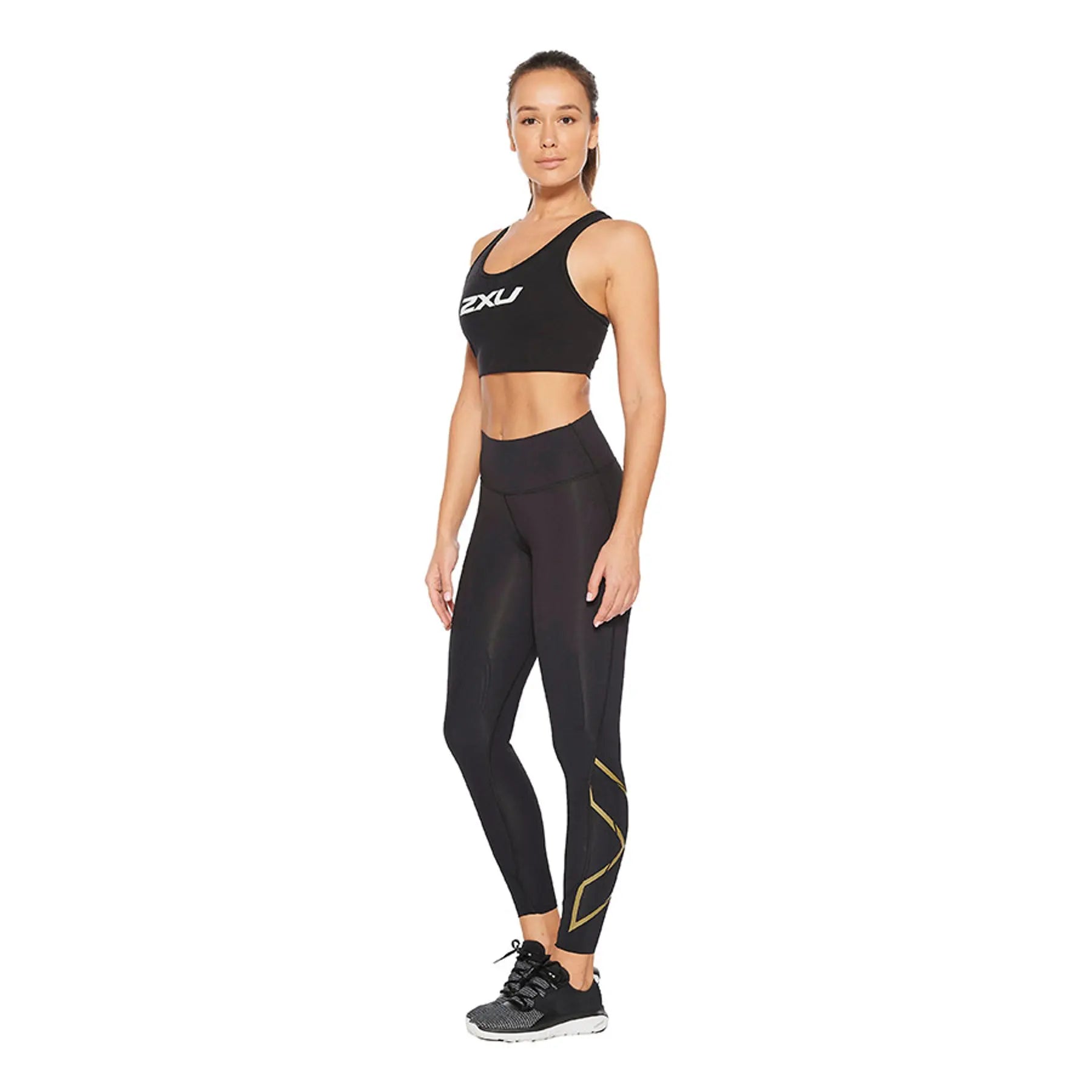 2XU MC Cross Bonded Mid-Rise Compression Tights, Damen, Laufhose, Black/Gold