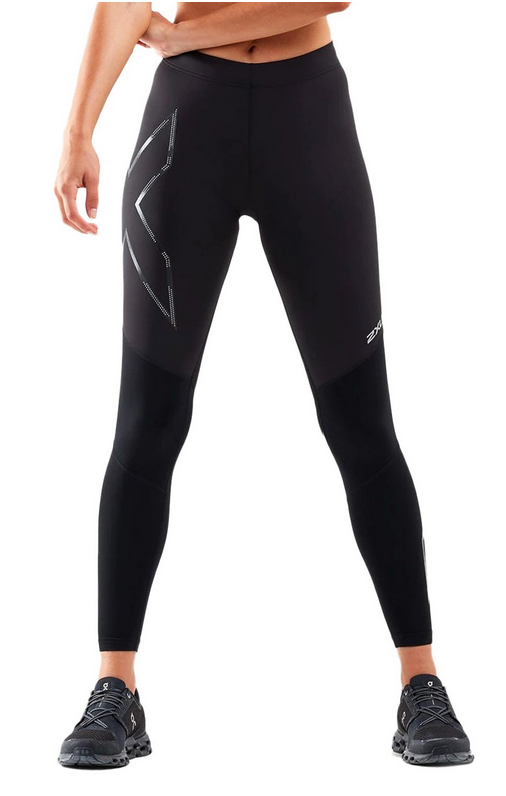 2XU Wind Defence Compression Tights, Damen, Laufhose, Black/Striped Silver Reflective