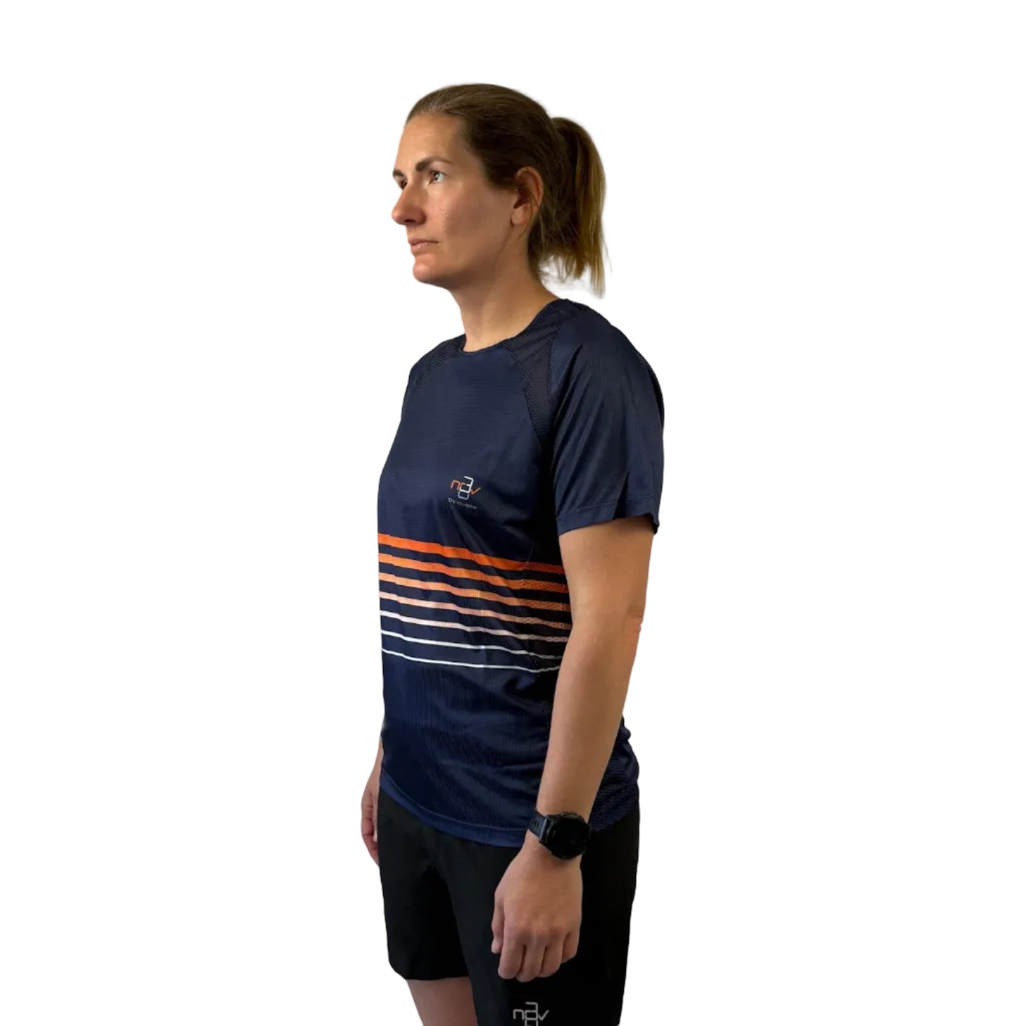 Trinovate Elite Kurzarm-Laufshirt, marine-glow, von links am weiblichen Modell