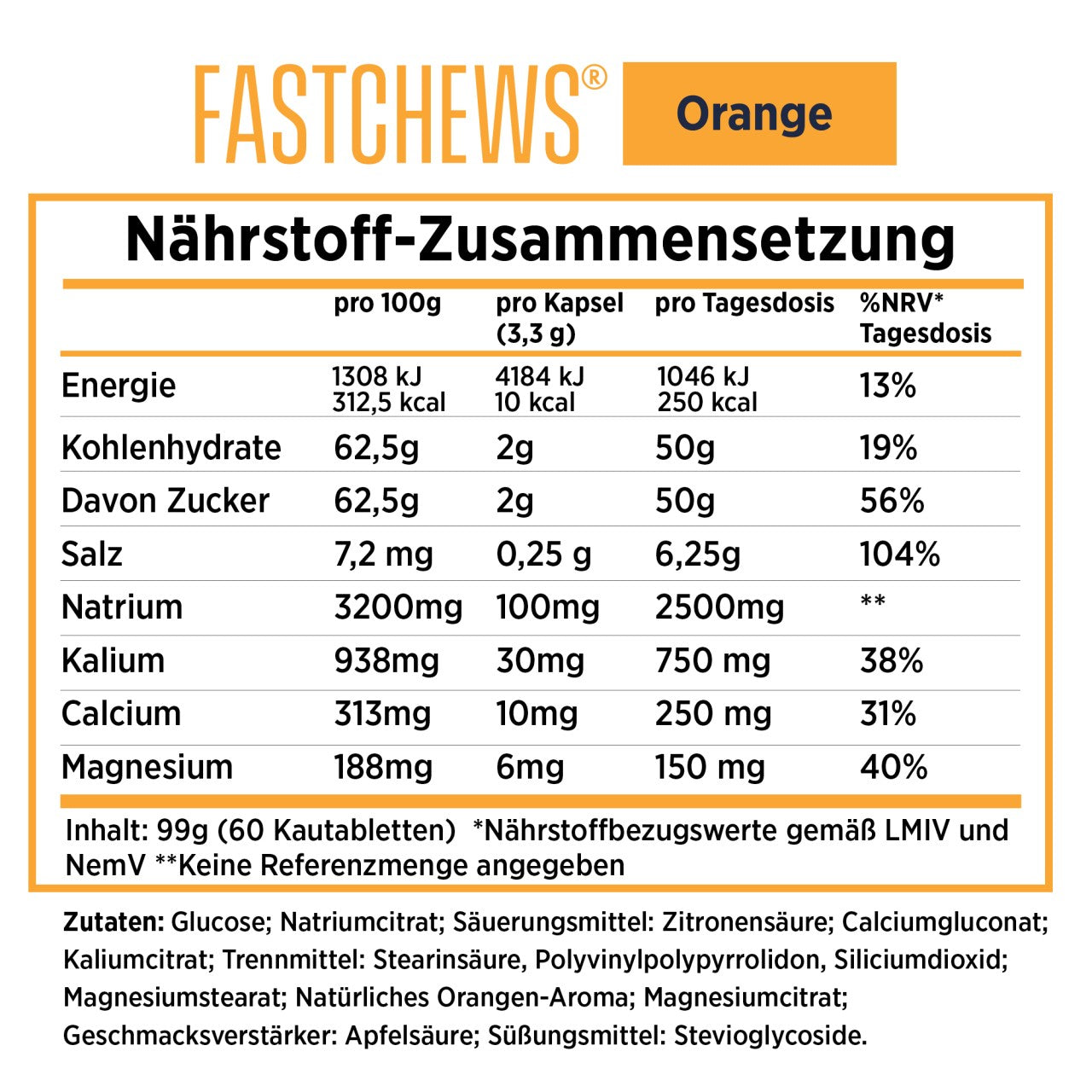 SaltStick Fastchews Orange, Elektrolyt-Kautabletten, 60 Stück, 96 g