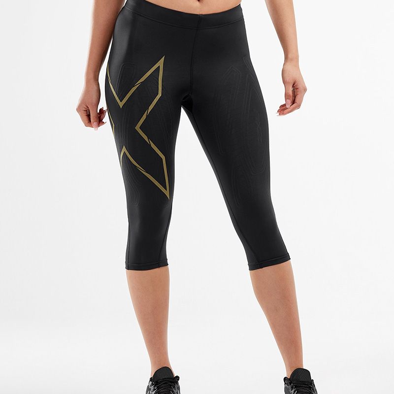 2XU MCS Run Compression 3/4 Tights, Damen, Laufhose, Black/Gold Reflective