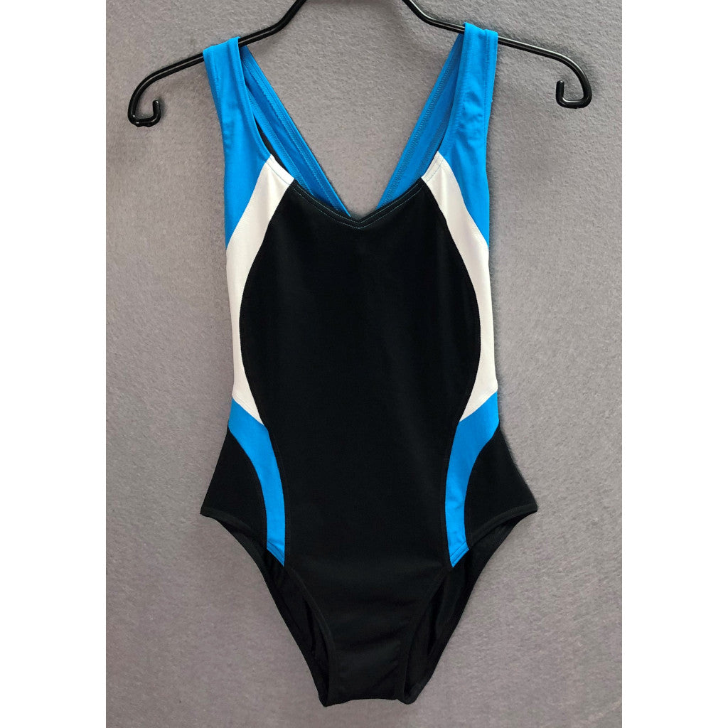 Zoggs Lynton Speedback One Piece Swimsuit Women Black Blue White Size 34 