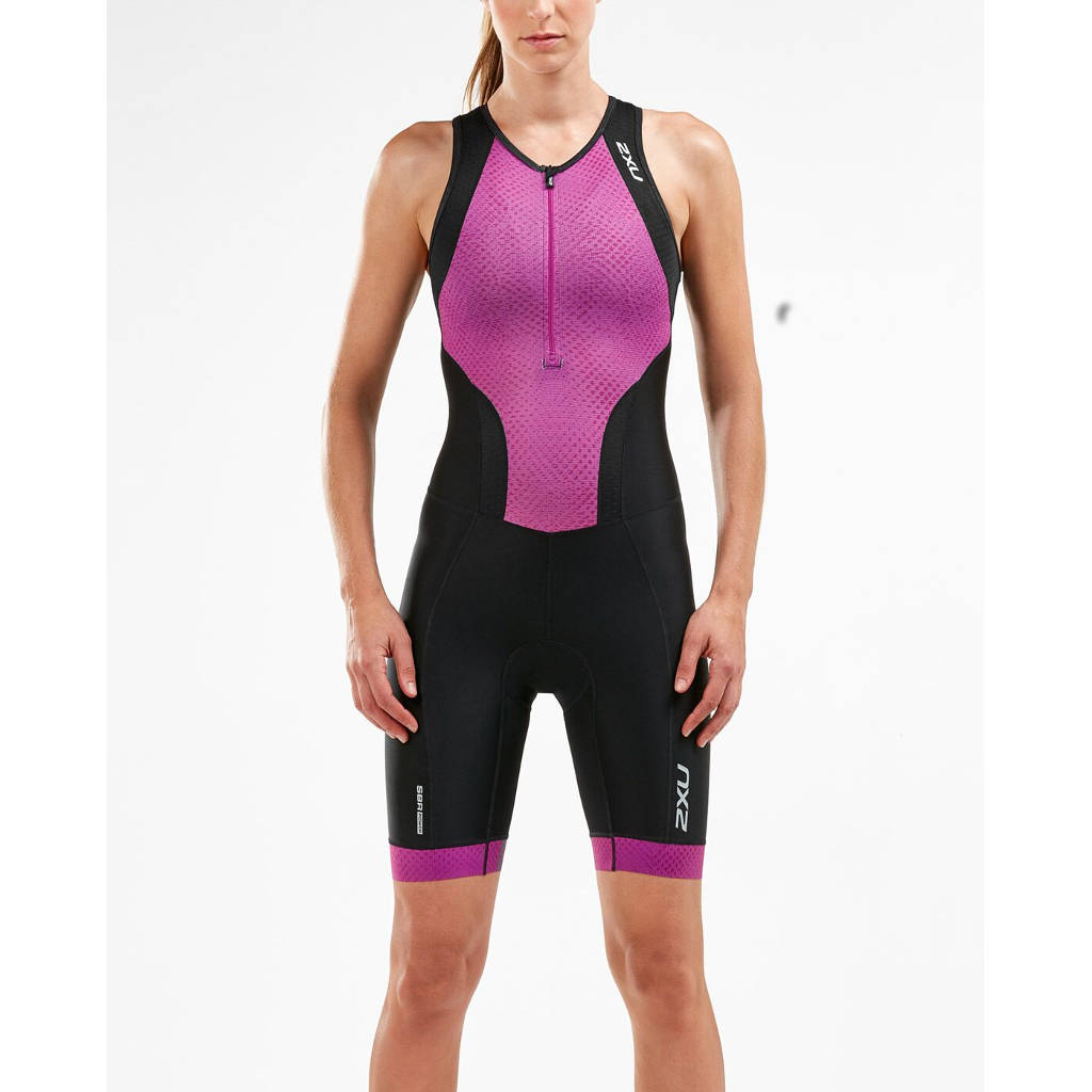 2XU Perform Front Zip Trisuit, Damen, Black/Very Berry Mesh